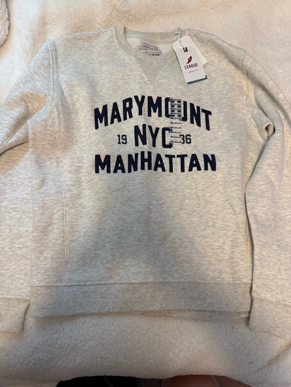 League Light Gray Crewneck Sweatshirt with Navy Manhattan Graphic - Picture 2 of 3